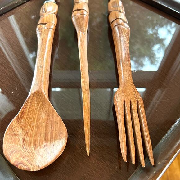 Vintage Hand Carved African Tribal Knife Fork Spoon Serving Utensils - Picture 9 of 15